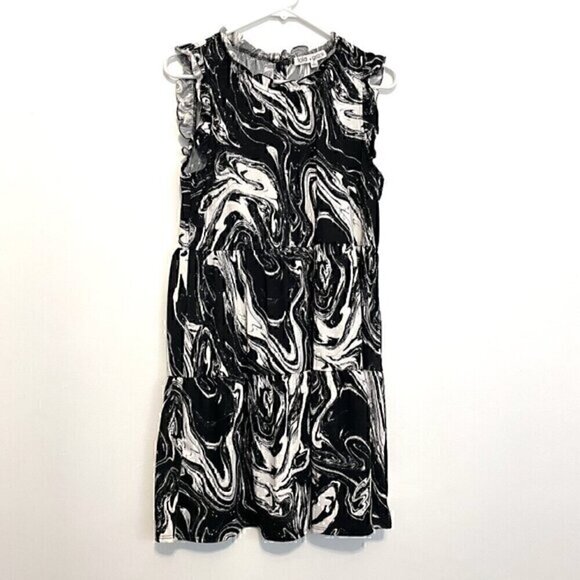 LOLA GRACE / DRY GOODS Black White Marble Swirl Geometric Sleeveless Mini Dress - Picture 1 of 12